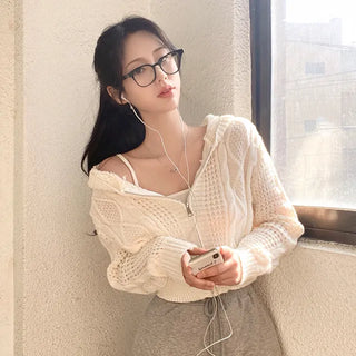 Knitted Hoodie Long Sleeve Cropped Pink Puff Twist Cardigan
