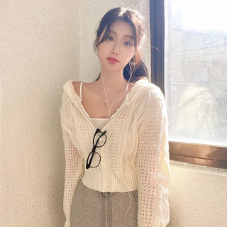Knitted Hoodie Long Sleeve Cropped Pink Puff Twist Cardigan