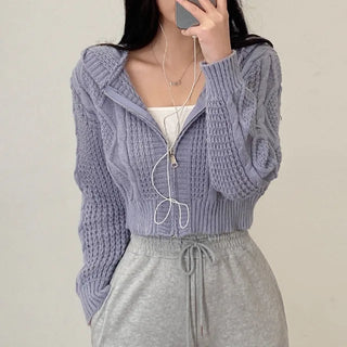 Knitted Hoodie Long Sleeve Cropped Pink Puff Twist Cardigan