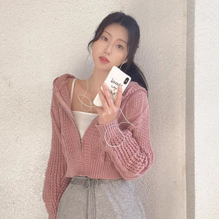 Knitted Hoodie Long Sleeve Cropped Pink Puff Twist Cardigan