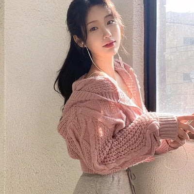 Knitted Hoodie Long Sleeve Cropped Pink Puff Twist Cardigan