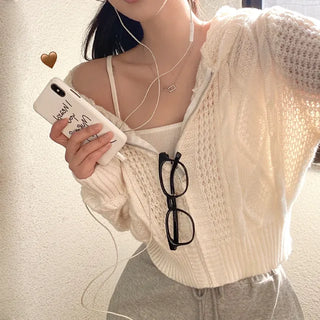 Knitted Hoodie Long Sleeve Cropped Pink Puff Twist Cardigan