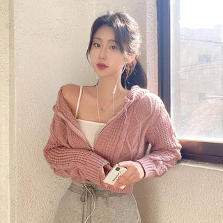Knitted Hoodie Long Sleeve Cropped Pink Puff Twist Cardigan