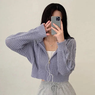 Knitted Hoodie Long Sleeve Cropped Pink Puff Twist Cardigan