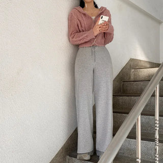 Knitted Hoodie Long Sleeve Cropped Pink Puff Twist Cardigan