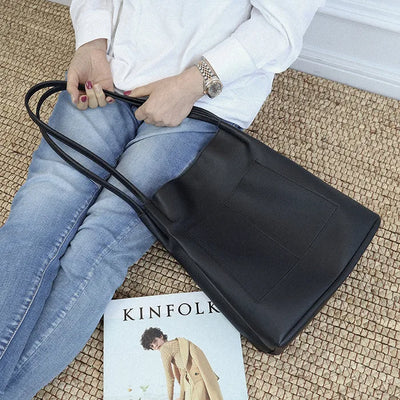 2-Pocket Square Leather Tote Bag/Shoulder Bag