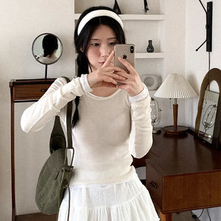 Sheer Round Neck Layered Long-Sleeve T-Shirt