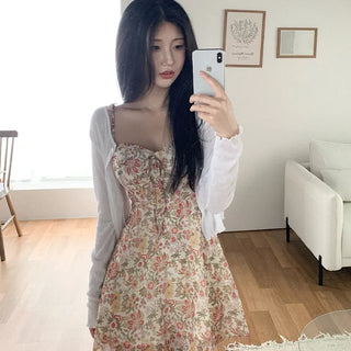 Ribbon floral print camisole bustier A-line mini summer dress