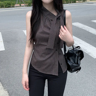 [2 colors] Tie Ribbon Check Camisole Shirring Summer Blouse