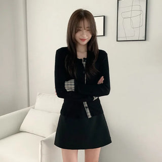 Checked layered round neck long sleeve cardigan