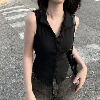 [2 colors] Collared halter neck shirred camisole blouse