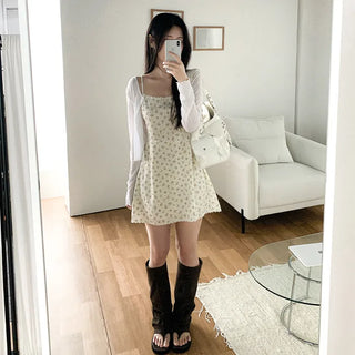 [2 colors] Floral print camisole bustier A-line summer dress