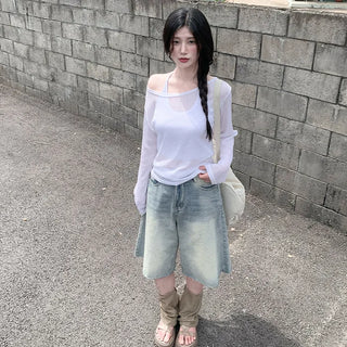 Linen oversized off-shoulder sheer long-sleeved T-shirt