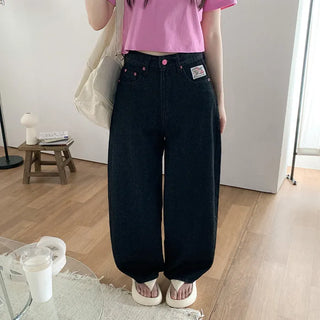 Non-washed denim wide-leg pants with embroidered patch