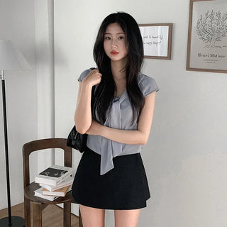 Tie-cap sleeve silky blouse