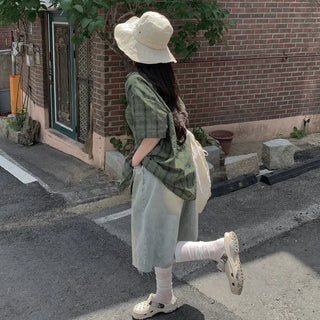 [2 colors] Big size oversized check short-sleeved shirt summer outerwear