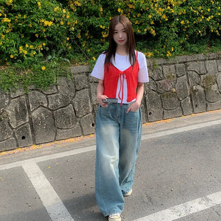(Can be worn as a two-piece set) Knit bustier ribbon camisole