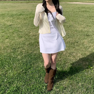 Square neck flared ribbon mini camisole dress