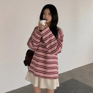 Fleece-lined striped oversized color T-shirt