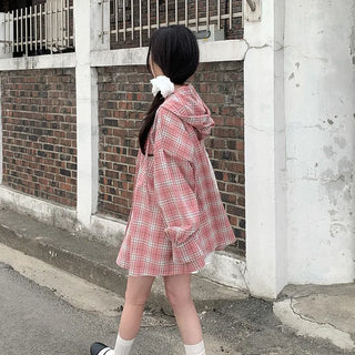 Pink checkered hooded oversized shirt