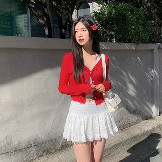 (Includes inner shorts) Low-rise lace tiered mini skirt