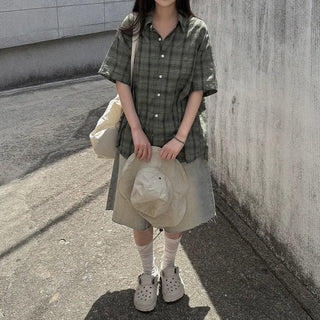 [2 colors] Big size oversized check short-sleeved shirt summer outerwear