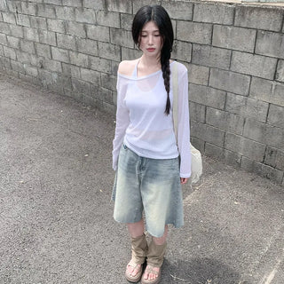 Linen oversized off-shoulder sheer long-sleeved T-shirt