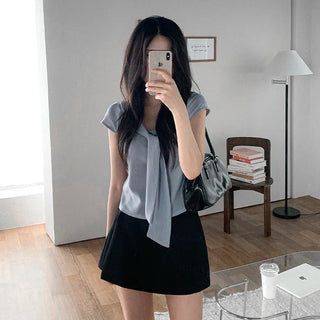 Tie-cap sleeve silky blouse