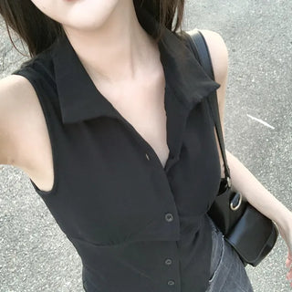 [2 colors] Collared halter neck shirred camisole blouse