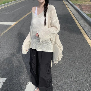 Off-shoulder oversized sheer V-neck