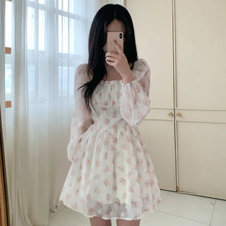 Floral chiffon square neck puff sleeve dress