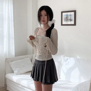 (Set) Ribbon Shirred Camisole & Cardigan
