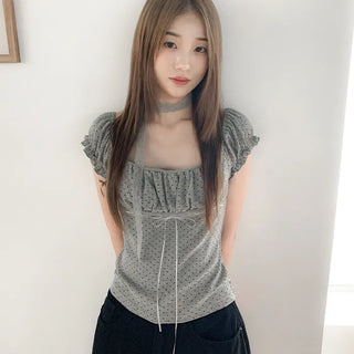 [3 colors] Polka Dot Lace Shirred Puff Sleeve Short Sleeve Slim T-Shirt