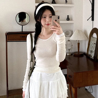 Sheer Round Neck Layered Long-Sleeve T-Shirt