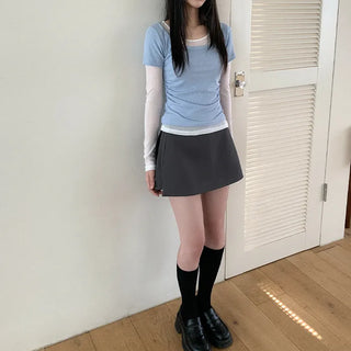 Round neck side shirring slim short-sleeve T-shirt