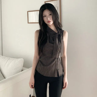 [2 colors] Tie Ribbon Check Camisole Shirring Summer Blouse