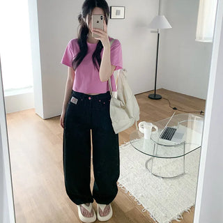 Non-washed denim wide-leg pants with embroidered patch