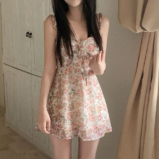 Ribbon floral print camisole bustier A-line mini summer dress