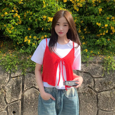 (Can be worn as a two-piece set) Knit bustier ribbon camisole