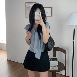 Tie-cap sleeve silky blouse