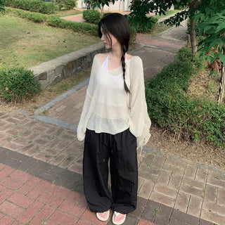 Off-shoulder oversized sheer V-neck