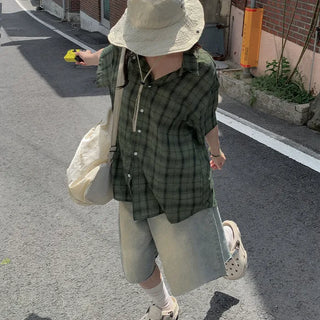 [2 colors] Big size oversized check short-sleeved shirt summer outerwear