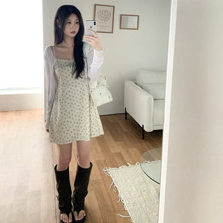 [2 colors] Floral print camisole bustier A-line summer dress