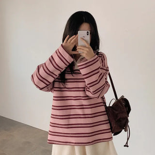 Fleece-lined striped oversized color T-shirt