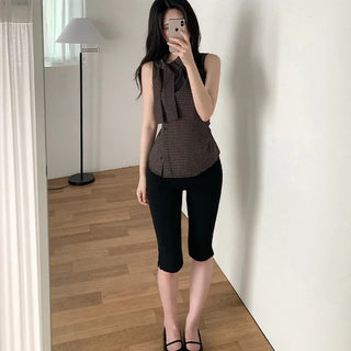 [2 colors] Tie Ribbon Check Camisole Shirring Summer Blouse