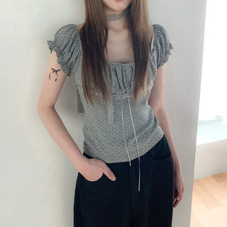 [3 colors] Polka Dot Lace Shirred Puff Sleeve Short Sleeve Slim T-Shirt