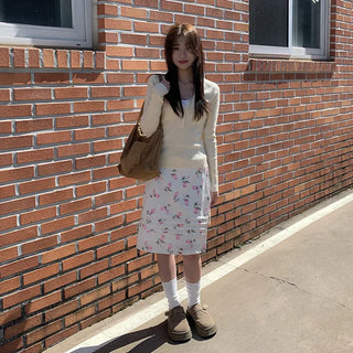 Flower ruffle midi-length low-rise ribbon skirt