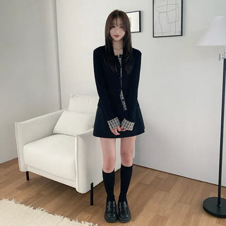 Checked layered round neck long sleeve cardigan