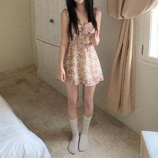 Ribbon floral print camisole bustier A-line mini summer dress
