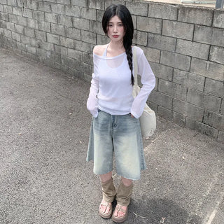 Linen oversized off-shoulder sheer long-sleeved T-shirt
